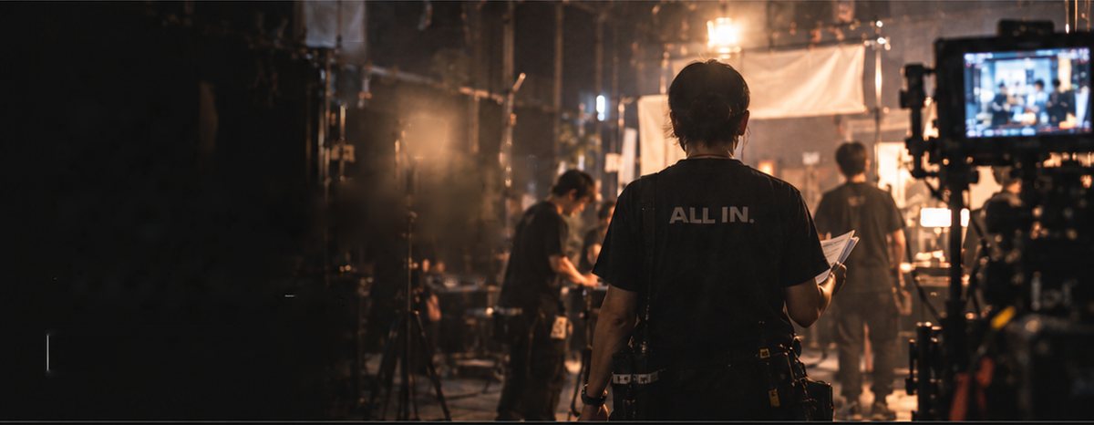 収録現場へ歩いていくALL INのTシャツを着たスタッフの後ろ姿